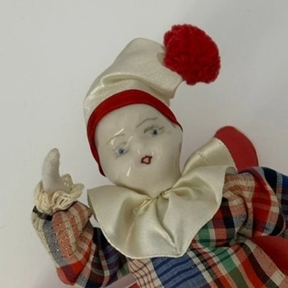 Porcelain Harlequin Clown Doll on Star Plush Pillow OOAK Pierrot Plaid